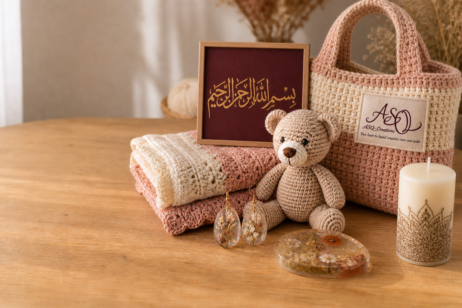 Sfeervolle ASQ-collectie met islamitische kalligrafie, gehaakte tas en beer, epoxy sieraden en een kaars met henna-ontwerp