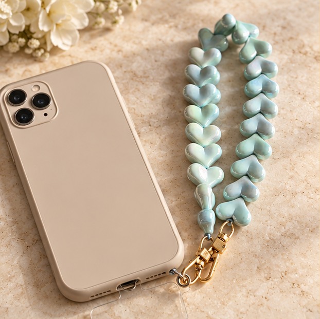 Telefoon- en sleutelkoord met hartenkralen – Mint