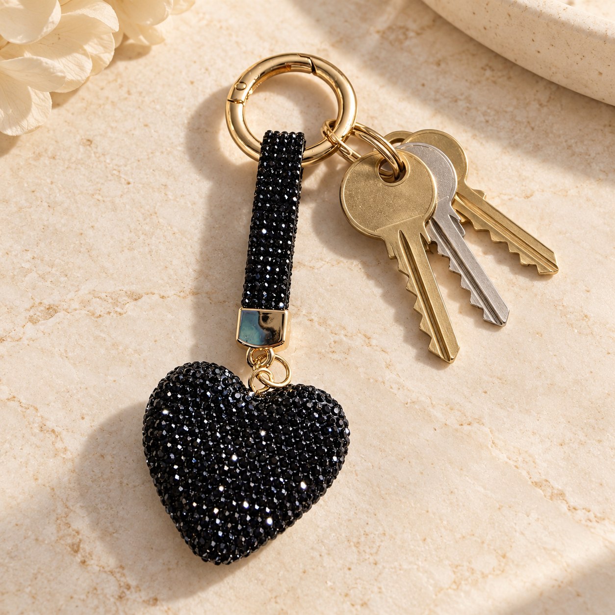 Strass-sleutelhanger Hart — zwart