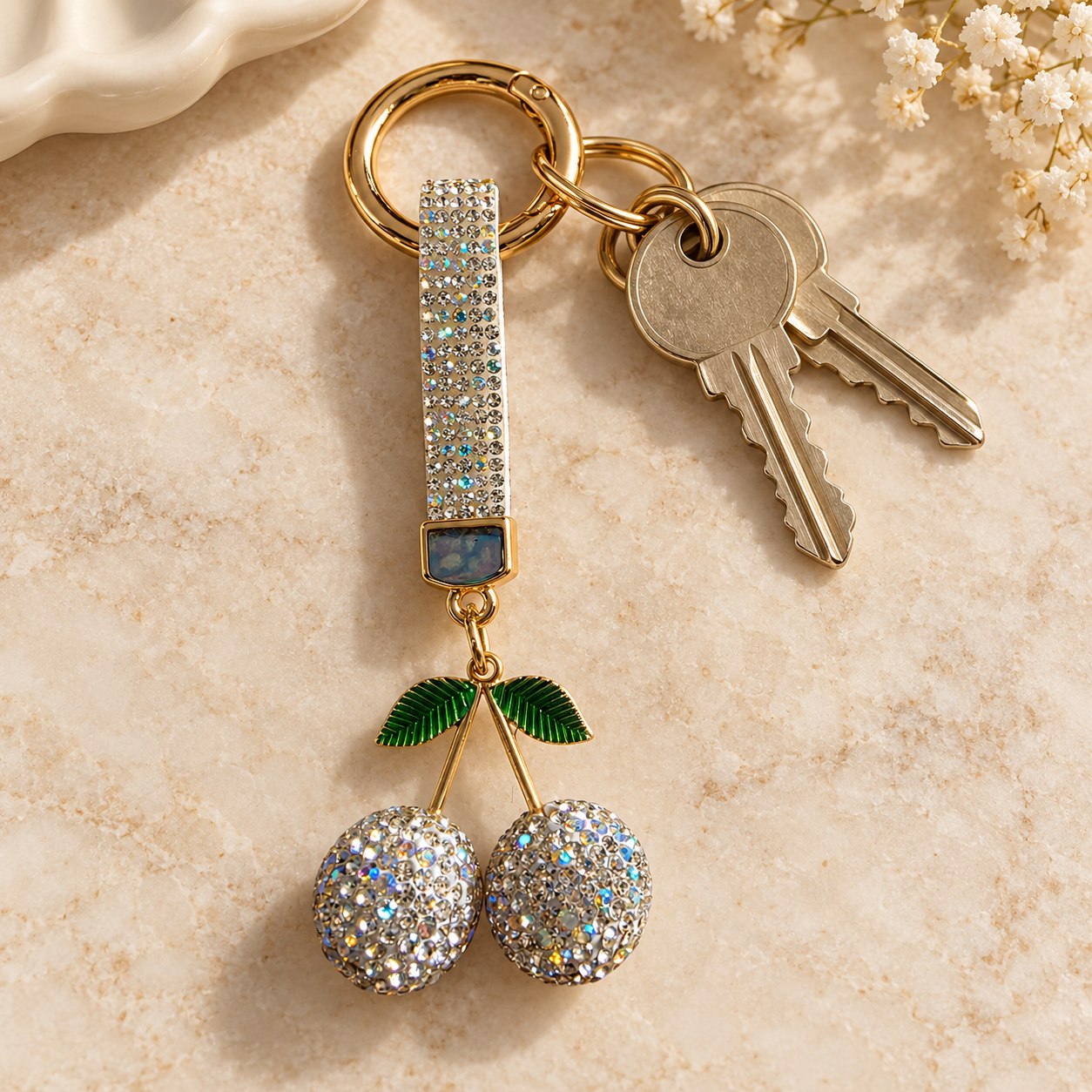 Strass-sleutelhanger Kersen — zilverkleurig
